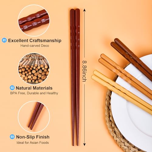 MFJUNS 5 Pairs Japanese Minimalist Reusable Chopsticks, 8.8 Inch Non-Slip Natural Wood Set - Ideal for Sushi, Noodles, Rice | Chopsticks Gift Set for Asian Cuisine Lovers - Thumbnail 3