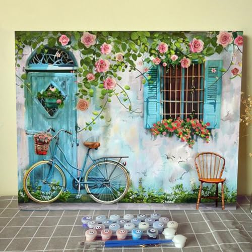Italian Town DIY Paint by Numbers for Adults Kids Easy Canvas Oil Painting Flowers Blooming on the Window Acrylic Watercolor Paint Kits Home Living Room Wall Art Decor Gift 16''W x 20''H(Frameless)