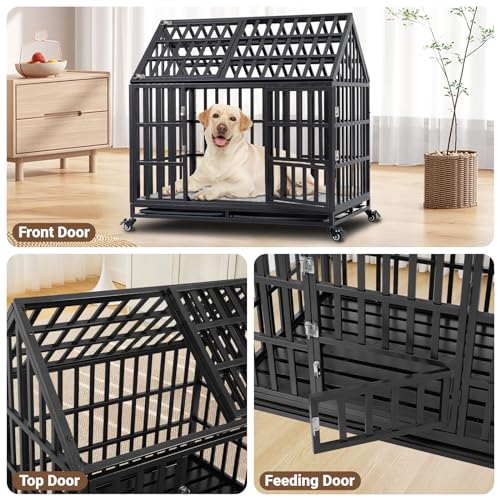 Heavy-Duty-Dog-Kennel-Escape-Proof-Dog-Crate-for-LargeMedium-Dogs-43-Inch-Indestructible-Dog-Crate-with-Trays-Feeding-Door-High-Anxiety-Dog-Crate-Dog-Kennel-Indoor-with-Lockable-Wheels - Cucciolini Doodles   Heavy-Duty-Dog-Kennel-Escape-Proof-Dog-Crate-for-LargeMedium-Dogs-43-Inch-Indestructible-Dog-Crate-with-Trays-Feeding-Door-High-Anxiety-Dog-Crate-Dog-Kennel-Indoor-with-Lockable-Wheels