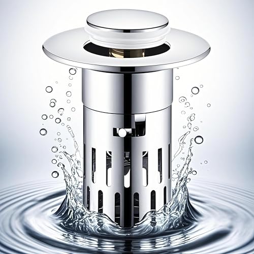 Image of Stainless Steel Bathroom Sink Stopper - Universal Pop-up Drain Stopper with Hair Catcher, Anti-Clog Sink Drain Strainer for Bathroom, Kitchen, RV