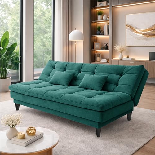 Image of Modern 3 Seater Sofa Cum Bed | Tufted Backrest | Velevt Fabric Upholstery | Living Room Furniture-Green