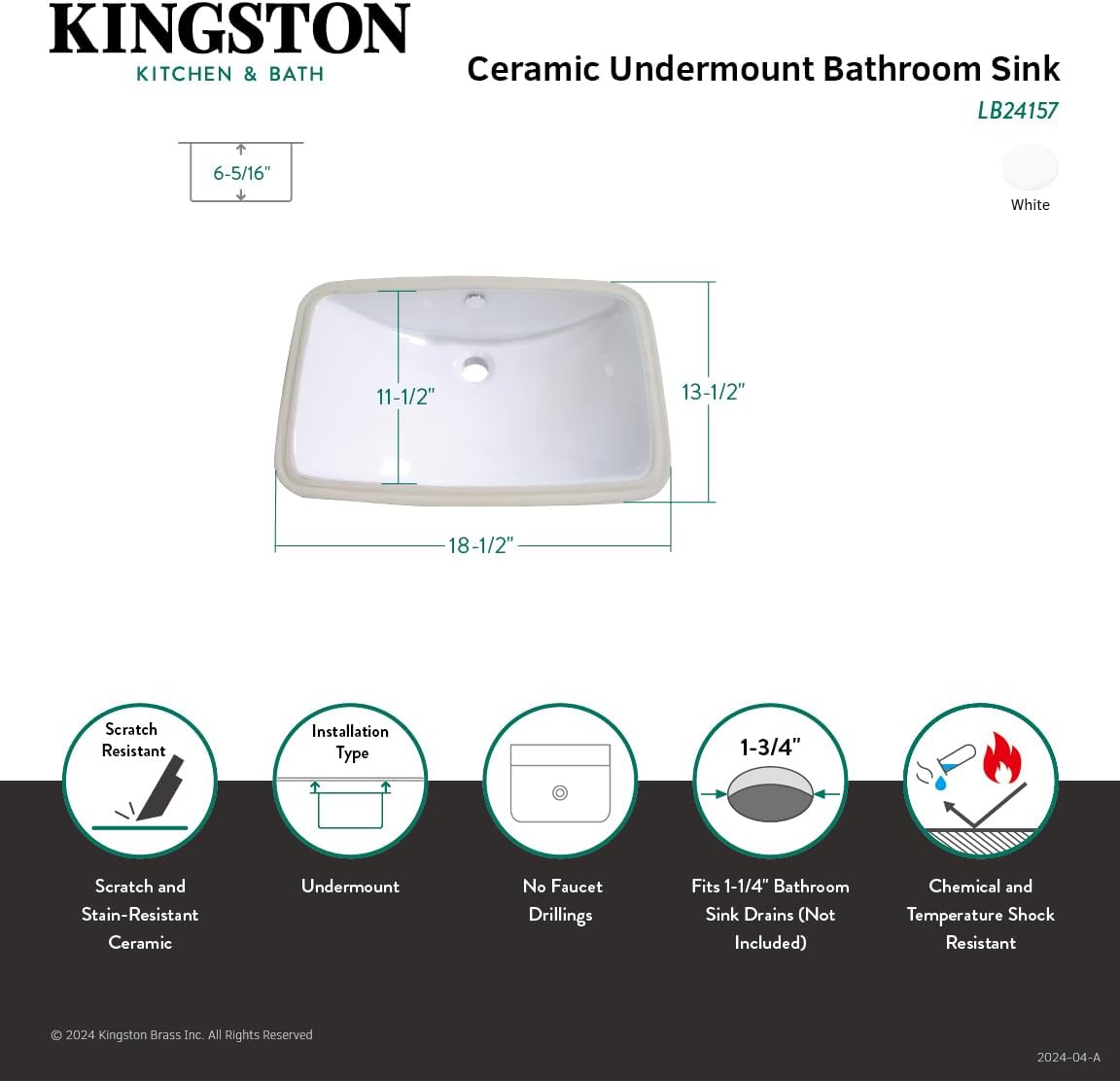 Kingston Brass LB24157 Fauceture Forum Undermount Vitreous China Bathroom Sink, White