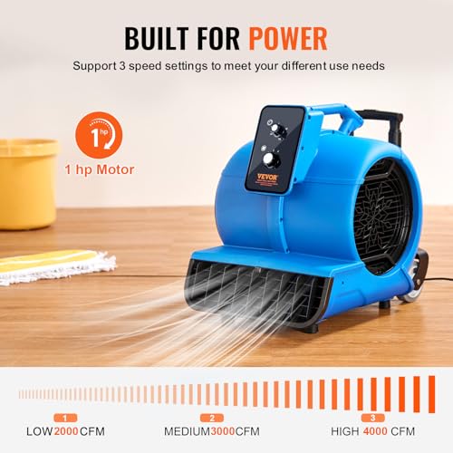 Image of VEVOR Air Mover, 1 HP 4000 CFM Carpet Dryer for Cooling and Ventilating, Portable Floor Blower Fan with 3 Blowing Angles and Time Function, for Janitorial, Home, Commercial Use