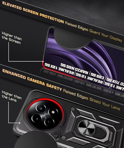 Image of WOW IMAGINE Tough Armor Bumper Mobile Back Case for Realme 13 5G | Realme 12 5G | 12X 5G | Narzo 70x 5G | C65 5G | N65 | Sliding Camera Shield Cover | Hybrid PC + TPU | Ring Holder with Stand - Black