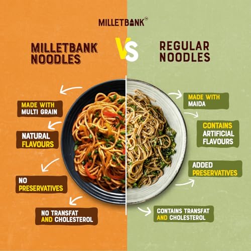 Image of Millet Bank No Maida Sorgum Hakka Noodles Combo Free Masala Pack Inside, Not Fried, No MSG, No Added Preservatives,Millet Bank Noodles Noodles for all ages Pack of 2 180g Each