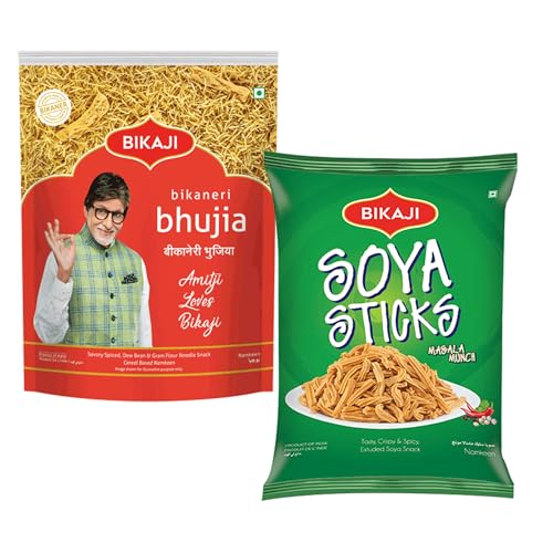 Bikaji Bhujia 1000g and Soya Sticks 200g Combo of 1200g (42.33Oz) – Authentic Indian Snacks Family Pack | Crunchy Namkeen, Party Mix, Bar Snacks & Tea-Time Treats
