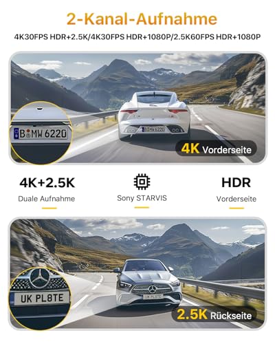 GKU 4K+2.5K Dashcam Auto Vorne Hinten mit 5GHz WiFi, Dash Cam mit 64G SD-Karte, STARVIS Nachtsicht...