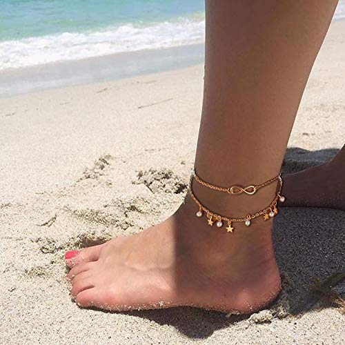 Aimitery Boho Layered Anklets Gold Pearl Sandal Star Pendant Ankle Bracelet Chain Jewelry for Women and Girls