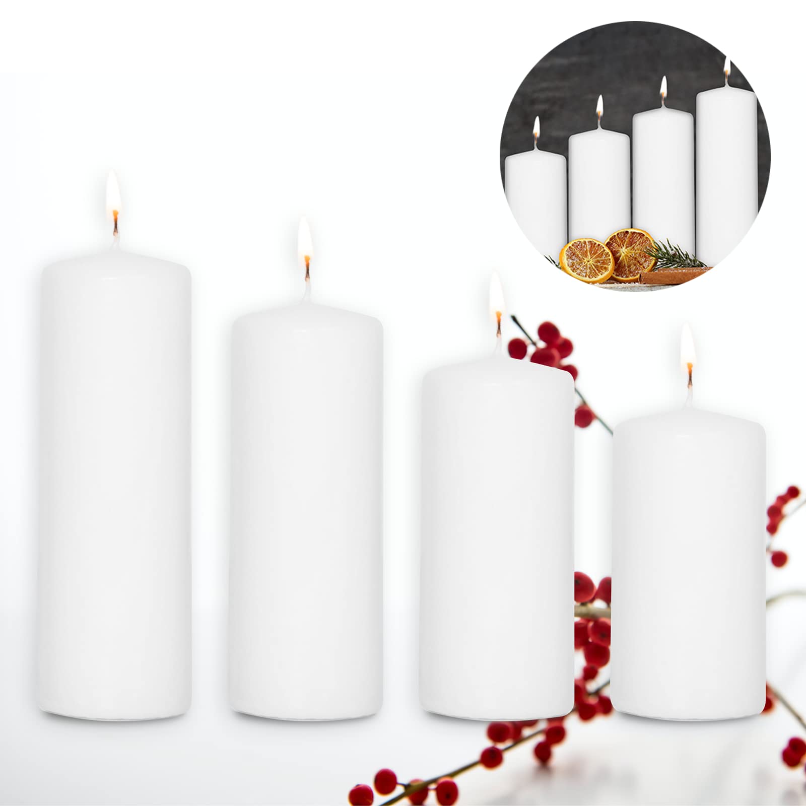 Bougies Piliers Noël Candelo - Lot De 8 Blanches - 12cm - 30h Combustion - Couronne Avent