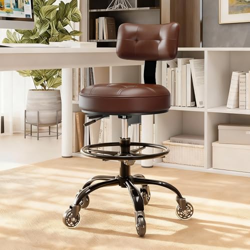 FREEKYROCK Office Drafting Chair with Footrest, Tall Height Adjustable Stool with Back Support, Heavy Duty Rolling Stool Chair with Wheels for Office Home Kitchen Bar Shop Guitar Studio Vanity, Brown by FREEKYROCK - Used condition - US$102.91