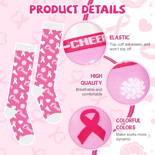 2 Pairs Cheerleader Breast Cancer Awareness Cheer Cheering Pink Ribbon Cheerleading Socks for Women Cheer Team Gift3