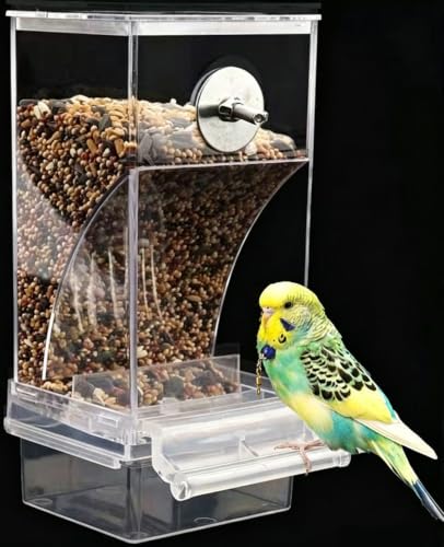 Image of Automatic Bird Feeder for Cage,No Mess Bird Feeder,Acrylic Parrot Seed Food Container with Perch Bird Cage Accessories for Parakeet Finch Lovebirds Budgies Canary (Transparent)