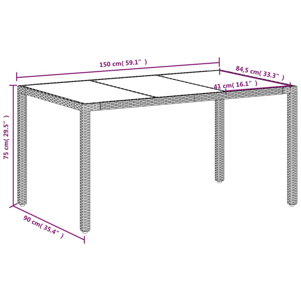 Stół ogrodowy ze szklanym blatem w kolorze białym, 150 x 90 x 75 cm, z polirattanu, odporny na warunki atmosferyczne, odporny na promieniowanie UV, stabilna rama stalowa, idealny na taras, do