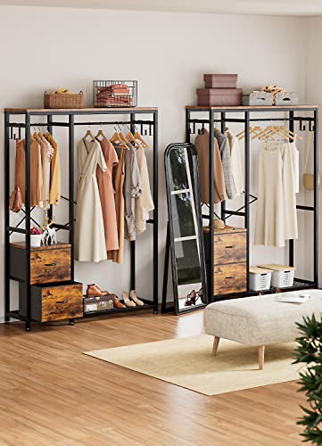Lulive Clothes Rack, Heavy Duty Garment Rack For Hanging Clothes, Industrial Clothing Racks With Shelves, 2 Fabric Drawers, 4 Hooks, 2 Hanging Rods, Freestanding Closet Organizer, Rustic Brown #TOP6