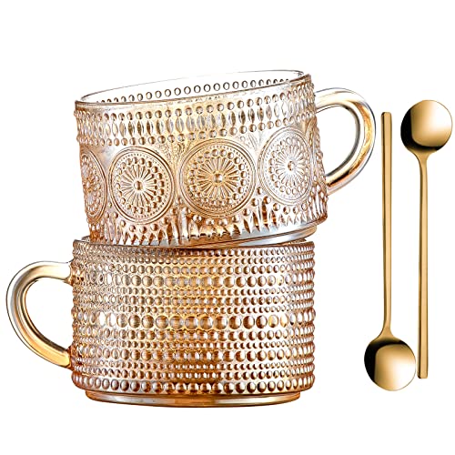 Gezzeny Vintage Coffee Mugs 14 Oz Set Of 2 Amber Embossed Glass Tea Cups For Cappccino, Latte,Cereal, Yogurt, Beverage Christmas Thanksgiving Day Gifts