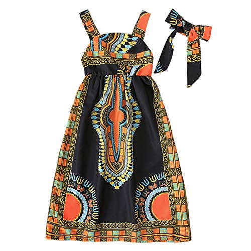GRNSHTS African Dress for Toddler Girls Kids Baby Bohemian Strap Long Skirt One-Piece Summer Clothes with Headband (Black, 2 Years)