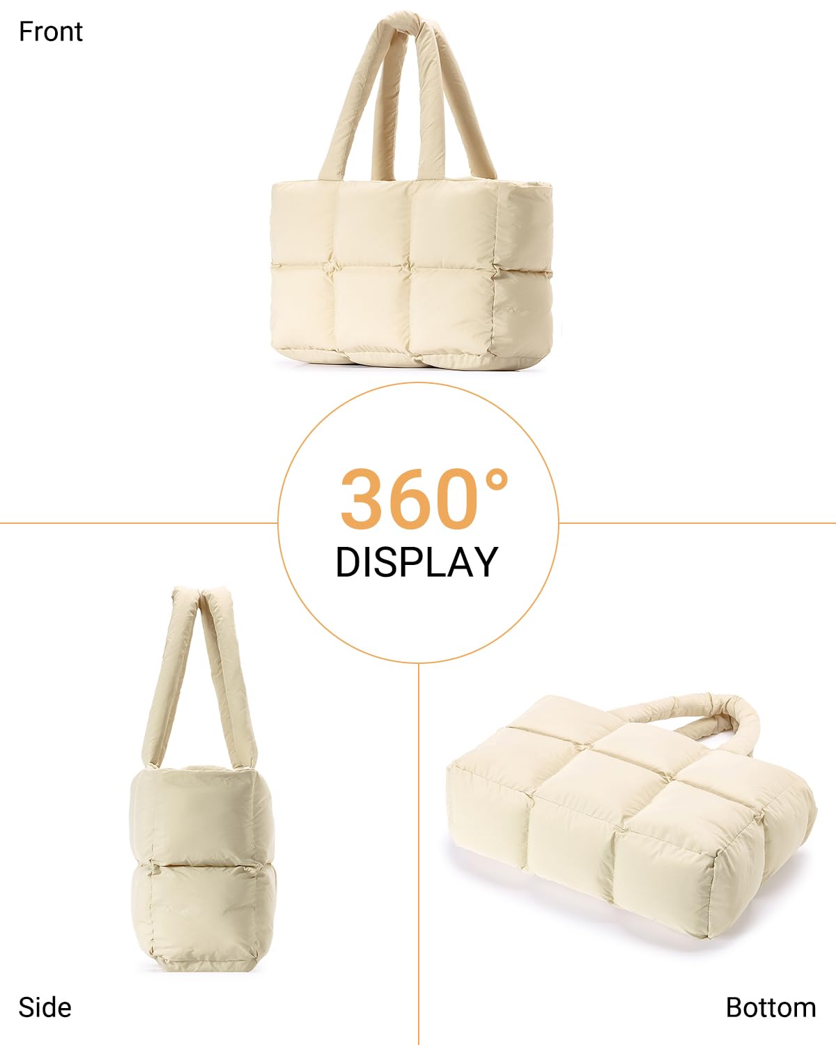 Herald Puffer Tote Bag for Women, Large Quilted Puffy Handbag Lightweight Satchel Purse with Cup Holder & Compartment: Khaki