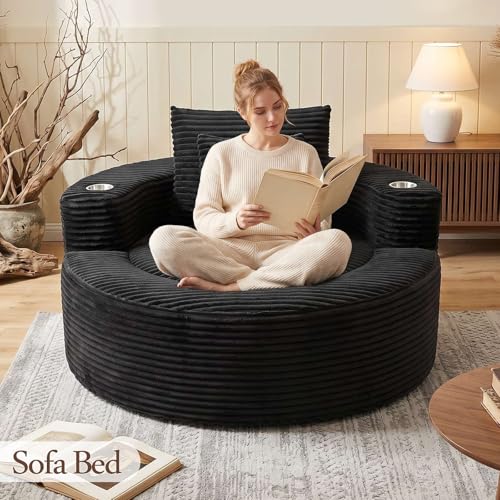 Image of Trustyue Boneless Couch,Comfy Fluffy Sofa Bed,Upholstered Sleeper Sofa with Cup Holder and Throw Pillows,Corduroy Plush Cloud Lounge Chair