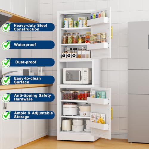 Image of Tall Narrow Pantry Cabinet for Kitchen, 67 inch H Metal Storage Cabinet with Inner Door Storage Racks, Doors & 3 Adjustable Shelves for Dining Room, Living Room, Home Office, 20 inches Wide, White