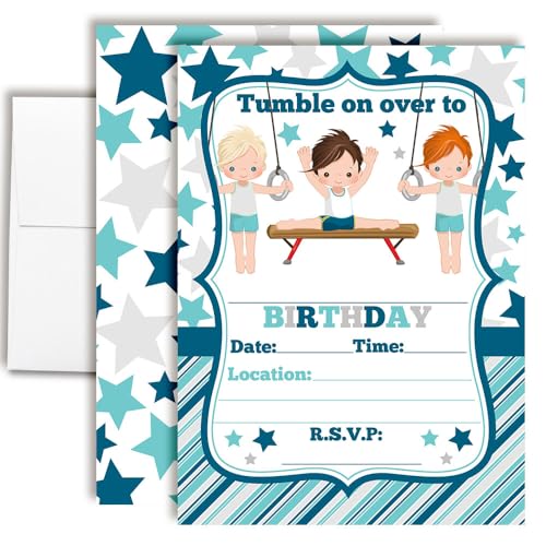 Amanda Creation Boys Gymnastics Birthday Invitations, 20 Pack 5x7 Fill-In Tumbling Party Cards with White Envelopes