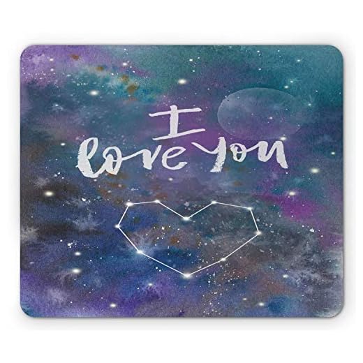 I Love You musmatta, romantiska kärleksord yttre rymden nebula bakgrund med konstellationsform hjärta, rektangel halkfri gummimusmatta 30 x 25 cm