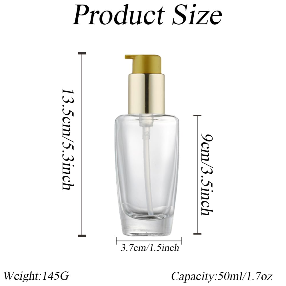 2Pcs 50ml/1.7oz Empty Clear Glass Lotion Pump Bottle with Gold Pump Top Portable Essential Oil Pump Dispensers Jars Vials Hair Conditioner Container for Makeup Emulsion Toner - Image 2