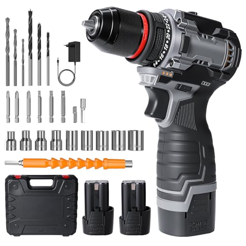 Taladro Atornillador Batería,16.8V Taladro Atornillador Inalámbrico, LED Luz, 55Nm Atornillador, 25+1 Ajuste Par,2 Velocidad,29 Accesorios Cordless Drill para en casa y jardín,bricol (grey)
