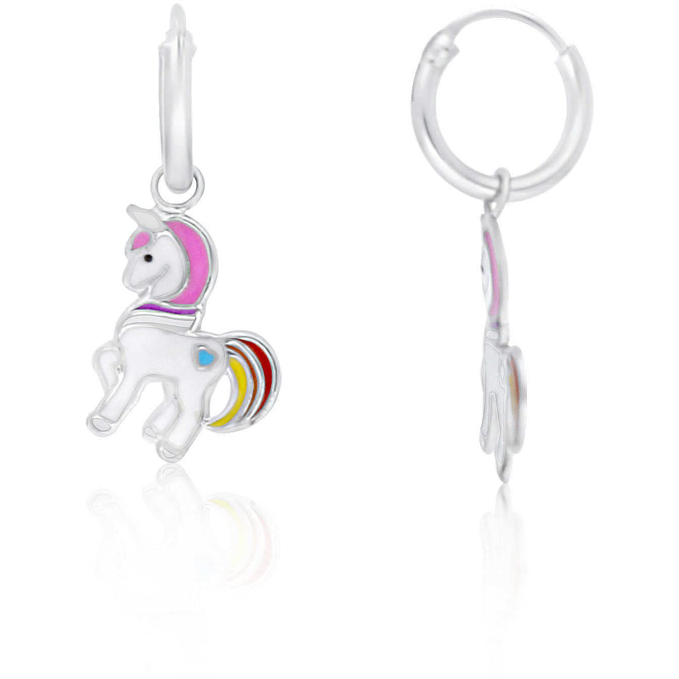 Orecchini da bambina di GioiaPura. Orecchini cerchietto realizzati in argento rodiato e smalto con pendente con unicorno. La referenza e' lpe 200194/a