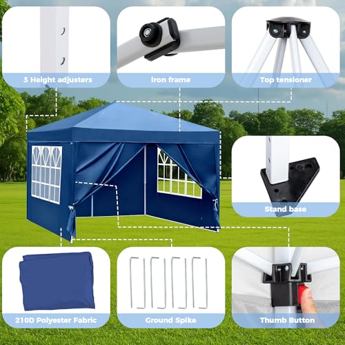 Image of 10X10FT Pop Up Party Tent, Outdoor Heavy Duty Party Tent with 4 Removable Sidewalls and Carrying Bag, Portable Gazebos Shelter Sun Shade for Events, Party, Wedding, BBQ, Backyard, Blue