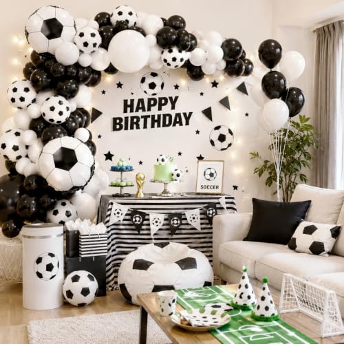 Image of Soccer Balloon Garland Arch Kit, 22 18 12 10 5 Inch Black White Football Print Balloons Arch Kit with 4D Football Foil Balloon Football Helium Balloon for Birthday Soccer Club Party
