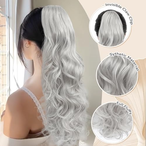 Image of 24 inch Ponytail Extension, Long Curly Wavy Claw Clip and Natural-Looking Synthetic Hairpiece, Voluminous Pony TailHair Extensions for Women Daily Wear. (Silver Grey, 24Inch)