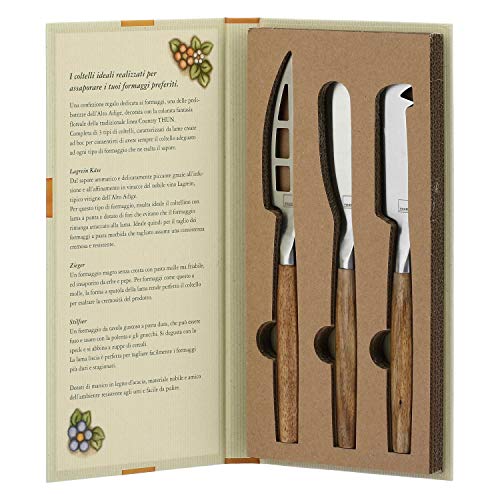 THUN - Set 3 Coltelli da Formaggio, in Confezione a Libro - Accessori Cucina - Linea Country - Acciaio Inox e Legno d'Acacia - Coltelli tra 23,5 e 25 l cm
