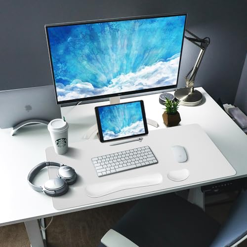 Image of Bloss Leather Desk Pad and Keyboard Wrist Rest, Large Mouse Pad + Keyboard Pad+Mouse Wrist Support, Non-Slip Desk Mat Protector for Office, Home(31.5x15.7 Inches,White)