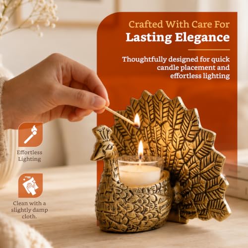 Image of Amazon Brand - Solimo Metal Gold Dancing Peacock with Scented Glass Votive Candle | Decorative Showpiece for Home & Puja | Table Decor | Diwali Gift & Festive Decoration (18.5 cm)