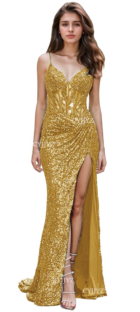 Spaghetti Strap Sequin Prom Dresses with Slit 2025 Sparkly Lace Appliques Mermaid Formal Evening Gown for Women