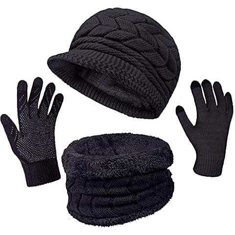 3-Pieces Winter Hat Gloves Scarf Set, Knit Warm Beanie Hat Neck Warmer Touch Screen Mittens for Women, Black Cover