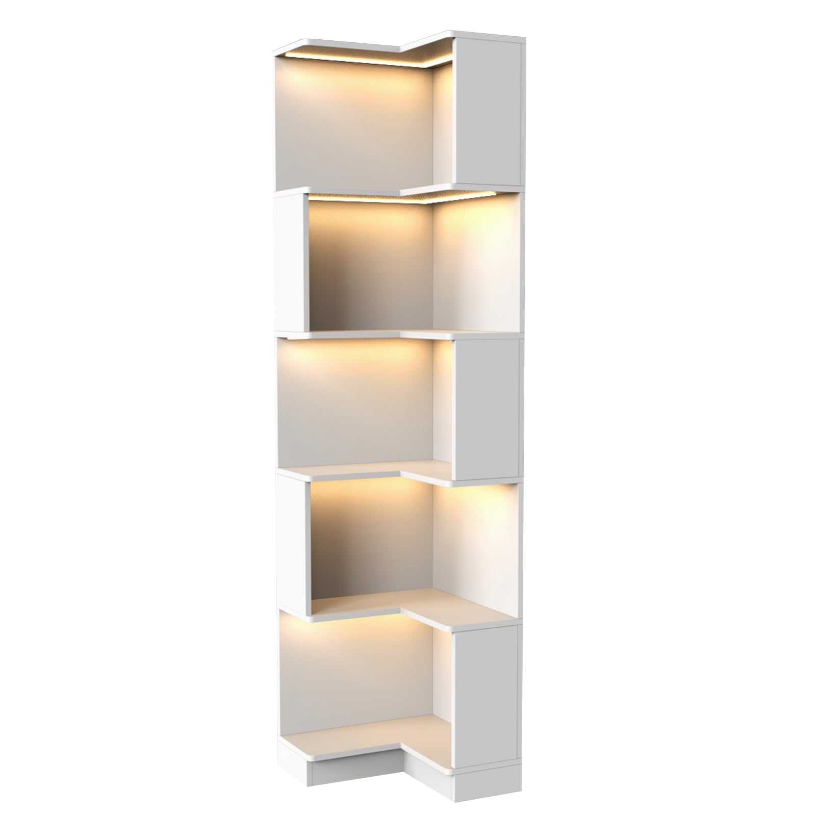 TWSOUL Estantería de Esquina con Luces LED RGB, Estante Esquinero Moderno de 5 Niveles (175cm Alto), Estantería Multifuncional de Madera en Forma de L para Decoración de Salón, Habitación, Blanco