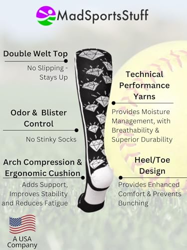 Image of MadSportsStuff Softball Socks with Diamonds for Girls Women Kids Youth Adult Over the Calf Soccer