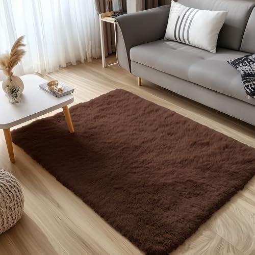 OLANLY 3x5 Machine Washable Small Bedside Rug, Soft Fluffy Shaggy Rugs for Living Room, Bedroom, Indoor Floor Carpet for Kids Girls and Boys, Preppy Dorms, Nursery, Home Decor Aesthetic, Coffee