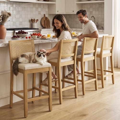 Butacos de altura para barra en mimbre, set de 4 unidades, respaldo de caña, estilo granja, cojín tapizado en lino, patas de madera maciza, estilo moderno de mediados de siglo, color beige miniatura 4