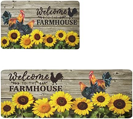 Rooster Kitchen Rug Farmhouse Non-Slip Anti Fatigue Mat for Floor 2 PCS Sunflower Kitchen Rugs Comfort Standing Mats Memory Foam Cushioned Mat for Kitchen Office Decor, 17.3" x 28" + 17.3" x 47"