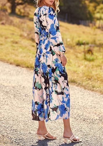 PRETTYGARDEN Women's Floral Midi Dress Casual Fall V Neck Long Sleeve Flowy Spring Beach Wedding Guest Vacation Dresses