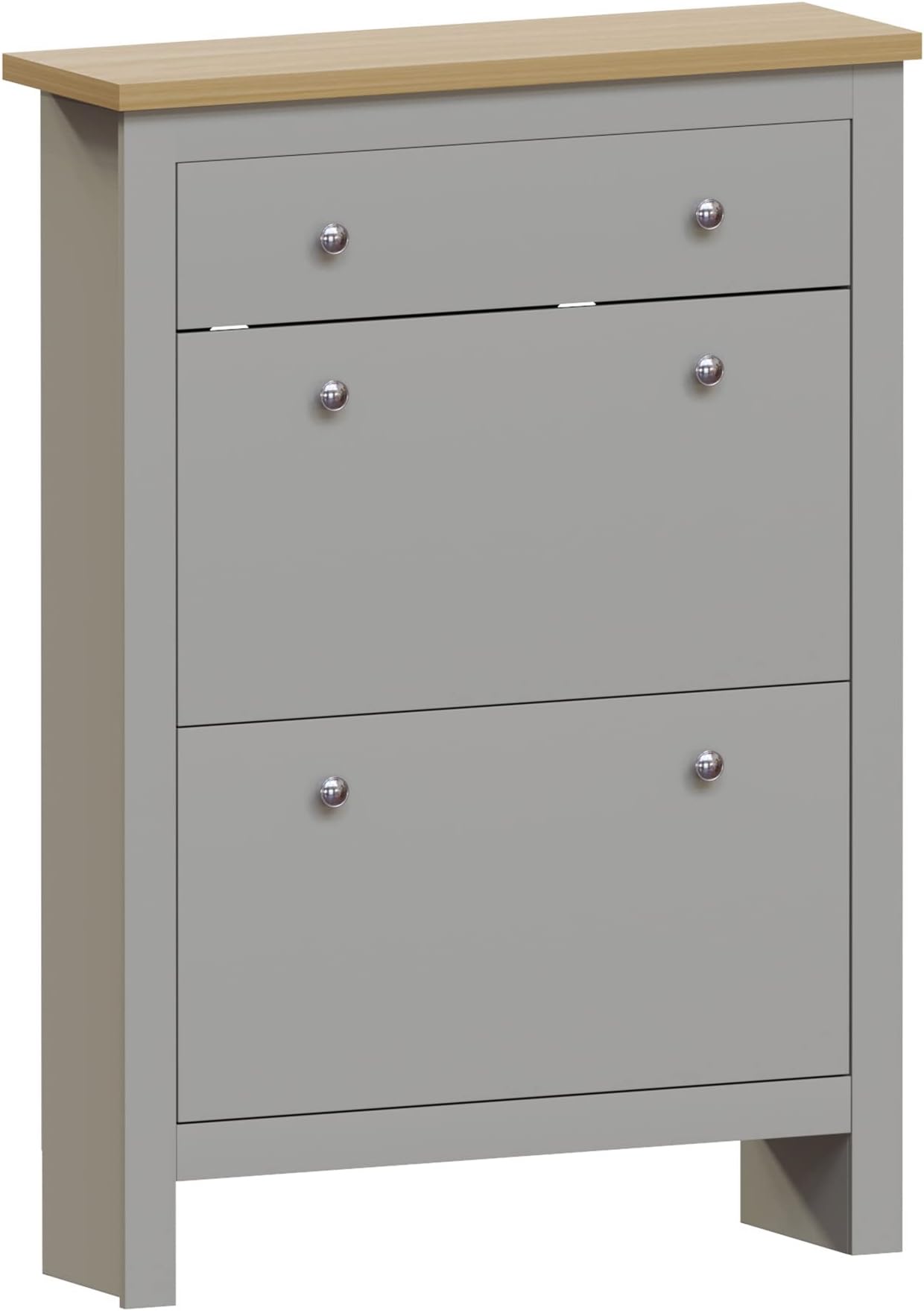 Vida Designs Arlington Shoe Cabinet, Wooden Shoe Storage Unit with 1 slider & 2 Pull-Down Drawers, Multifunctional Dust-Proof Space-Saving Slim for Hallway or Entryway (Grey & Oak)