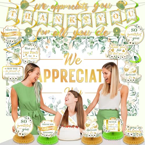 Image of We Appreciate You Party Decorations Sage Green Gold Thank You for All You Do Banner Honeycomb Centerpieces Hanging Swirls Kit for Office Employee Pastor Teacher Doctor Appreciation Party Gift Decor