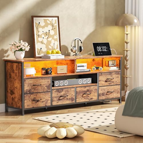 Image of Furologee LED TV Stand for Bedroom, 55 Inch Entertainment Center with Power Outlets and LED Lights for 55 60 inch TVs, Console Media Table with 6 Fabric Drawers, for Living Room, Rustic Brown