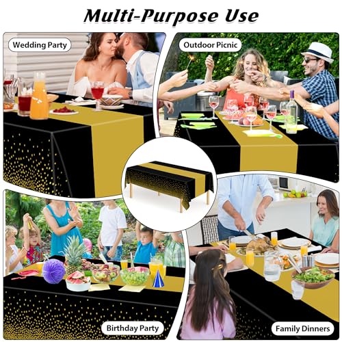 Image of QZYL 12Pack Plastic Table Cloth Disposable, 54 inch x 108 inch Waterproof Black Table Cloths with Gold Dots, Outdoor Tablecloth for Rectangle, Table Cloth Cover for New Years Eve Decorations Holiday Birthday