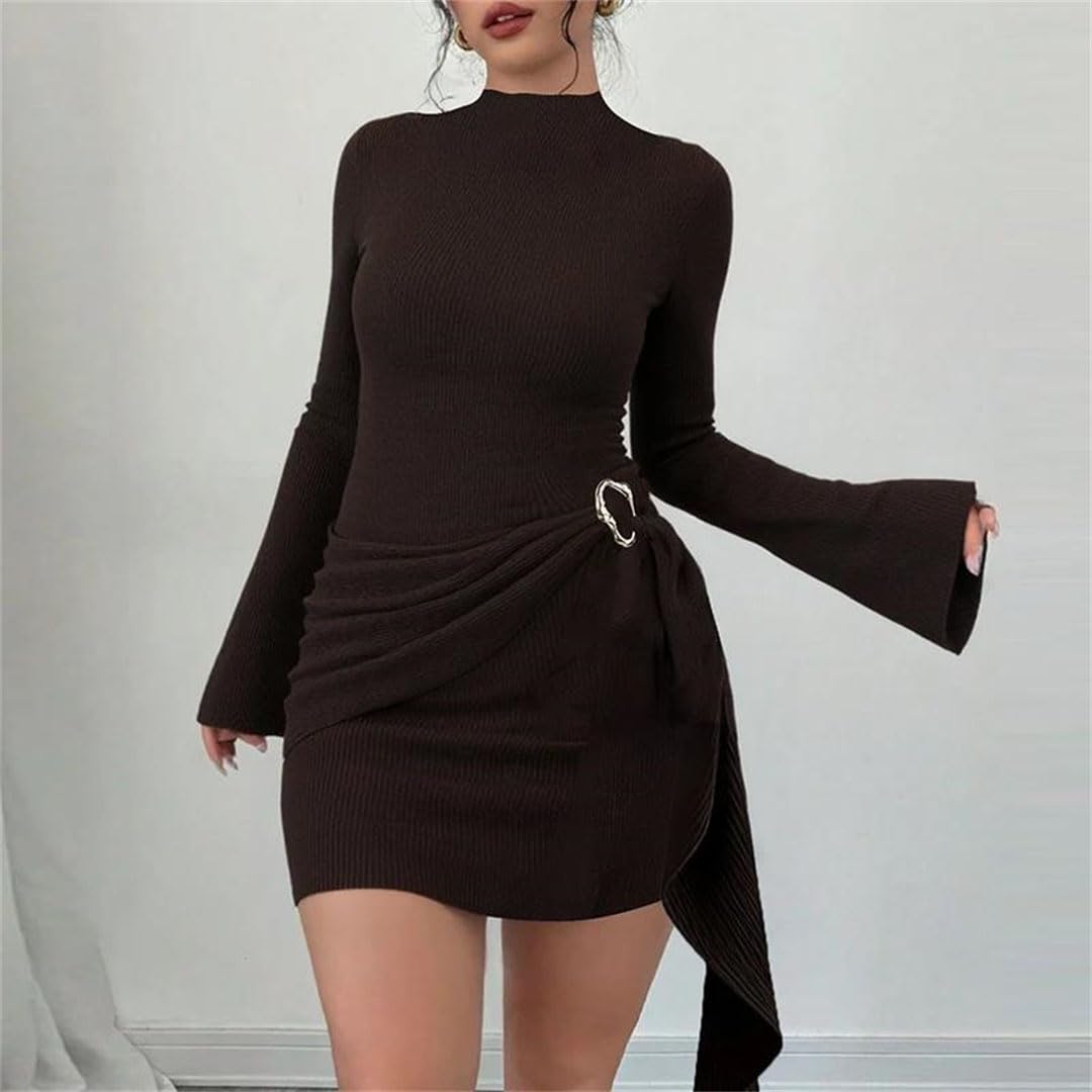 Vestido corto de fiesta ajustado de manga larga con cuello alto para mujer