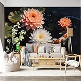  Personalizzato Personalizzazione Murale Autoadesivo Tessuto Rimovibile Koi Pesce Loto Fiore di Lugno Ninfea Arte Realistica Grande Carta da parati Foto per Soggiorno