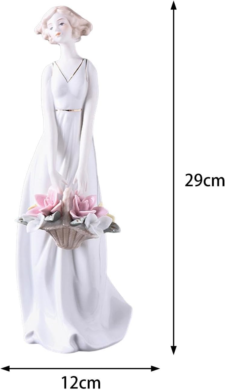 Ceramic Girl Figurine Porcelain Lady Statue with Metal Wall Art Decor Plaque, Modern Nordic Girl Sculpture for Indoor Outdoor Porch Shelf Decoration, 11.42x4.72 inch & 5.51x15.75 inch