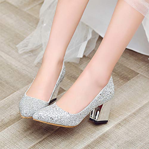 Women's Sparkling Glitter Chunky Heel Closed Toe Pumps Comfortable Mid Block Heel Slip-on Classic Party Dress Shoes2